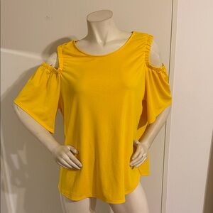 H by Halston Bright Yellow Cold-Shoulder Flutter Sleeve Tee